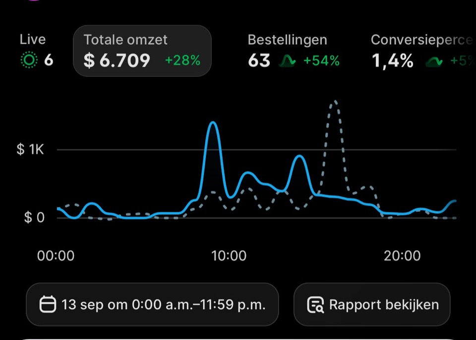 Dashboard van een andere webshop op een enkele dag met 6.709 dollar omzet uit 63 bestellingen